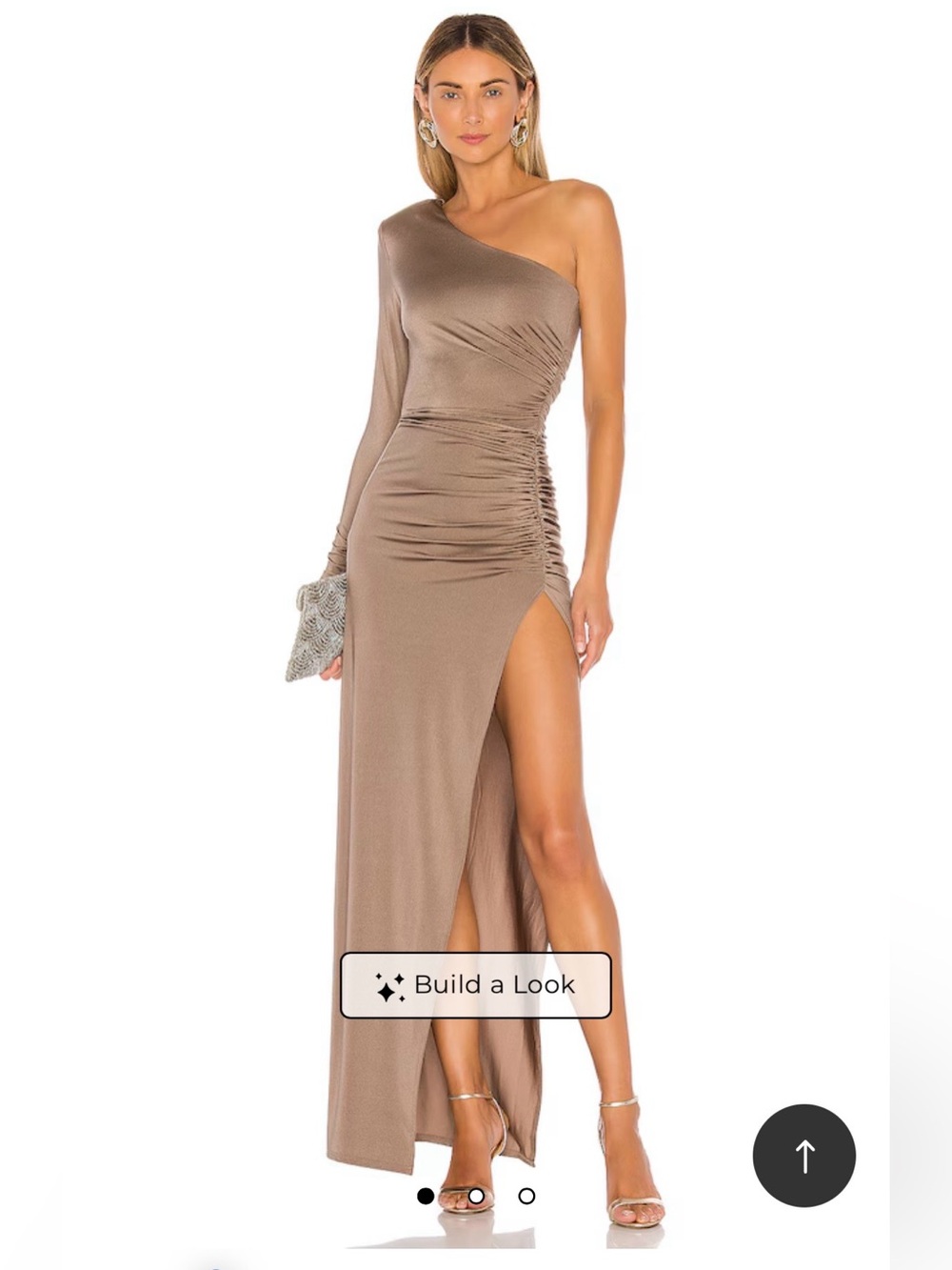 Michael Costello x revolve One-Shoulder Taupe Maxi Dress with High Thigh Slit